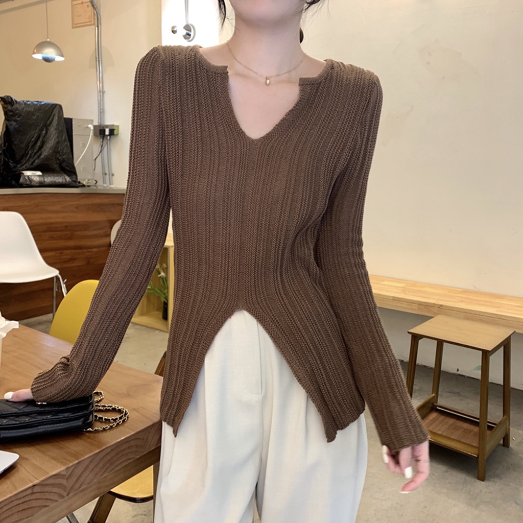 Áo Sweater Dệt Kim Cổ Chữ V Dáng Ôm Xẻ Tà Kiểu Hàn Quốc Thời Trang Mùa Thu Cho Nữ