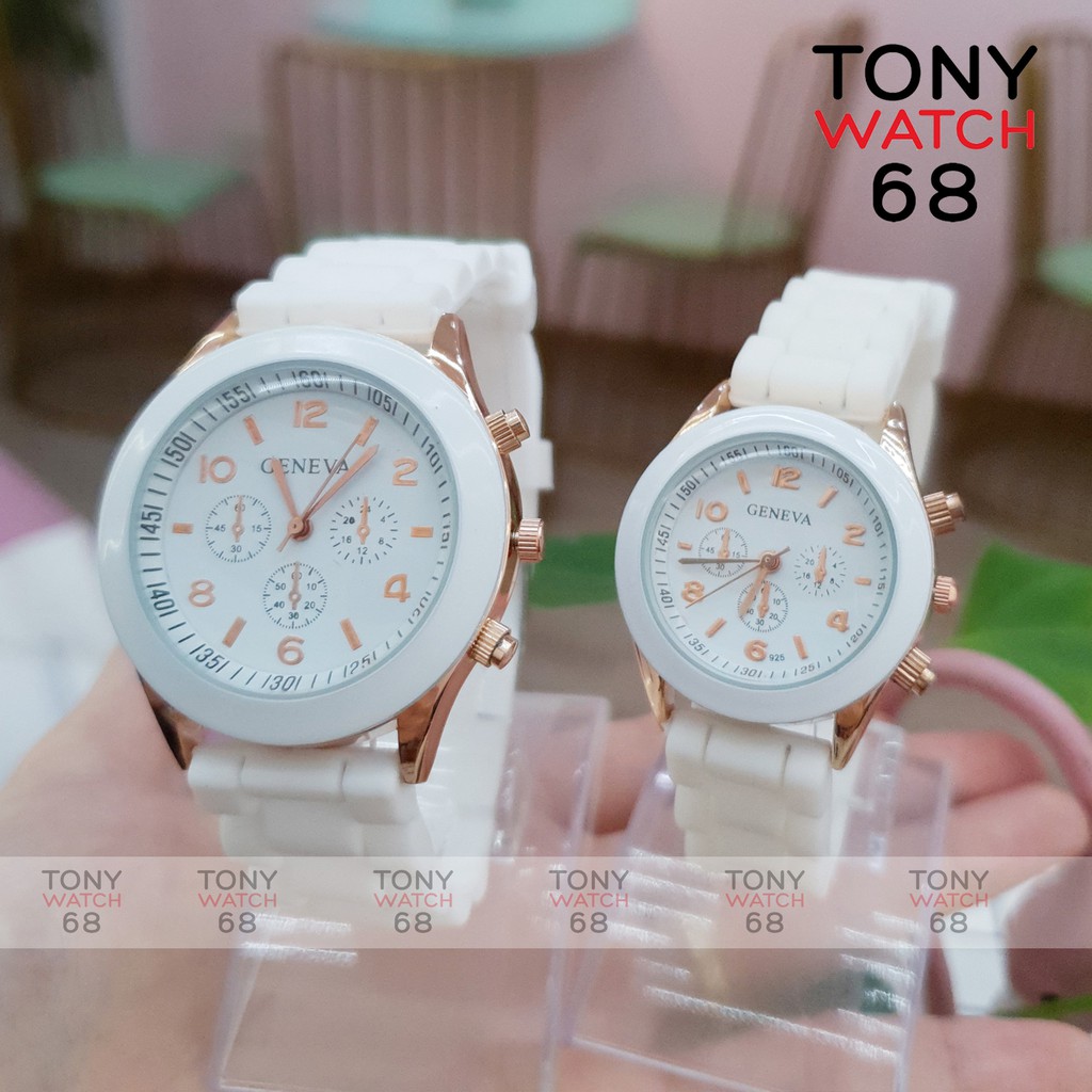 Đồng hồ cặp đôi nam nữ Geneva dây cao su trắng mặt kính cong độc đáo chính hãng Tony Watch 68