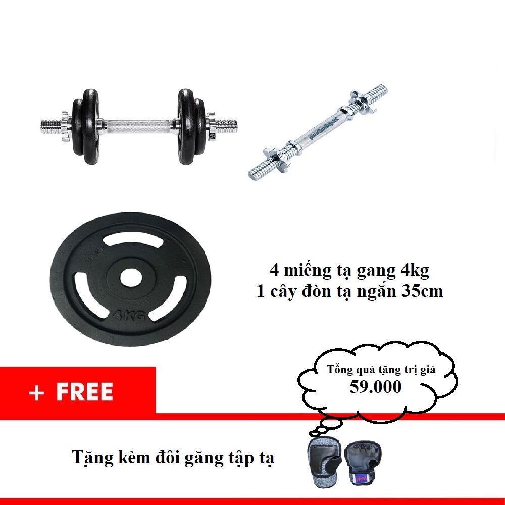 Bộ tạ tay tháo lắp miếng gang 17.5kg (1 đòn 35cm + 4 miếng 4kg) + tặng găng tập tạ có cuốn