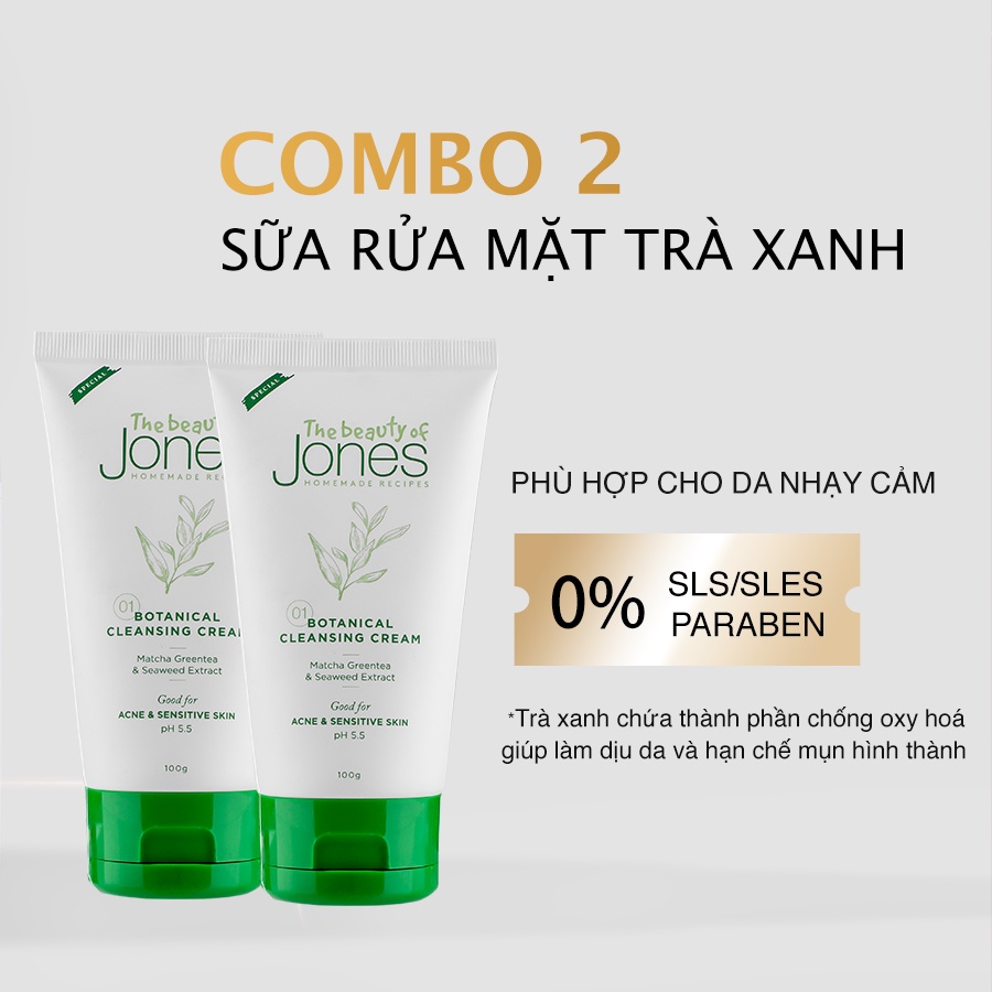 Combo 2 tuýp Sữa rửa mặt da mụn nhạy cảm từ trà xanh tảo biển The Beauty of Jones