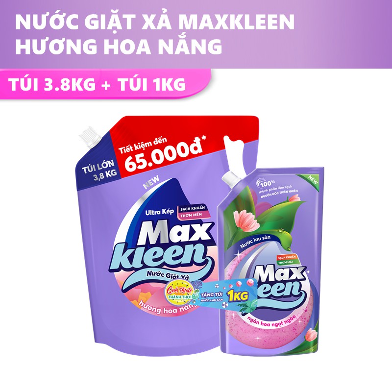 Combo Túi nước giặt xả MaxKleen 3.8kg/3.6kg + Túi lau sàn MaxKleen 1kg ngàn hoa ngọt ngào
