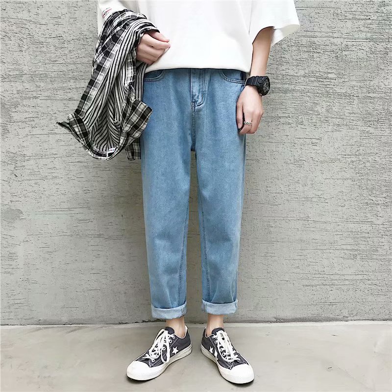 quần jean ống suông Dài Ống Rộng Màu Trơn Thời Trang quần jean nam xanh quần jean nam kiểu dáng hàn quốc from rộng Quần ống suông unisex quần bò ống đứng nữ