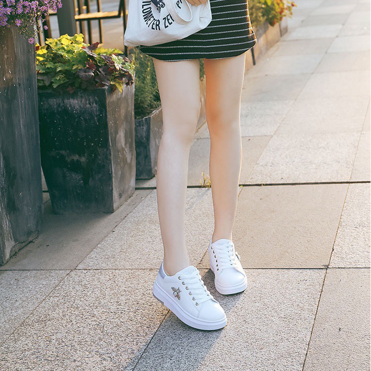 Sneaker Nữ Giày thể thao phong cách Hàn Quốc đế phẳng 3P đính nơ