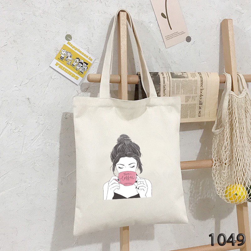 Túi Tote Vải Canvas Trắng Kích Cỡ Lớn Có Khóa Miệng 1049 Họa Tiết Love Coffee Thời Trang Hàn Quốc Cực Xinh