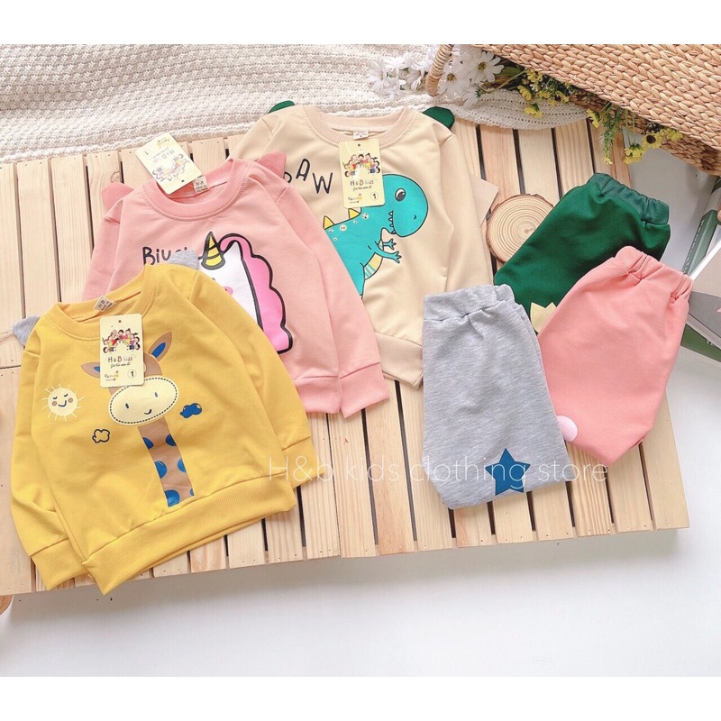 Bộ Đồ Nỉ Da Cá Thu Đông Hoạ Tiết Khủng Long, Hươu, Ngựa Cho Bé Trai, Bé Gái - 3 màu