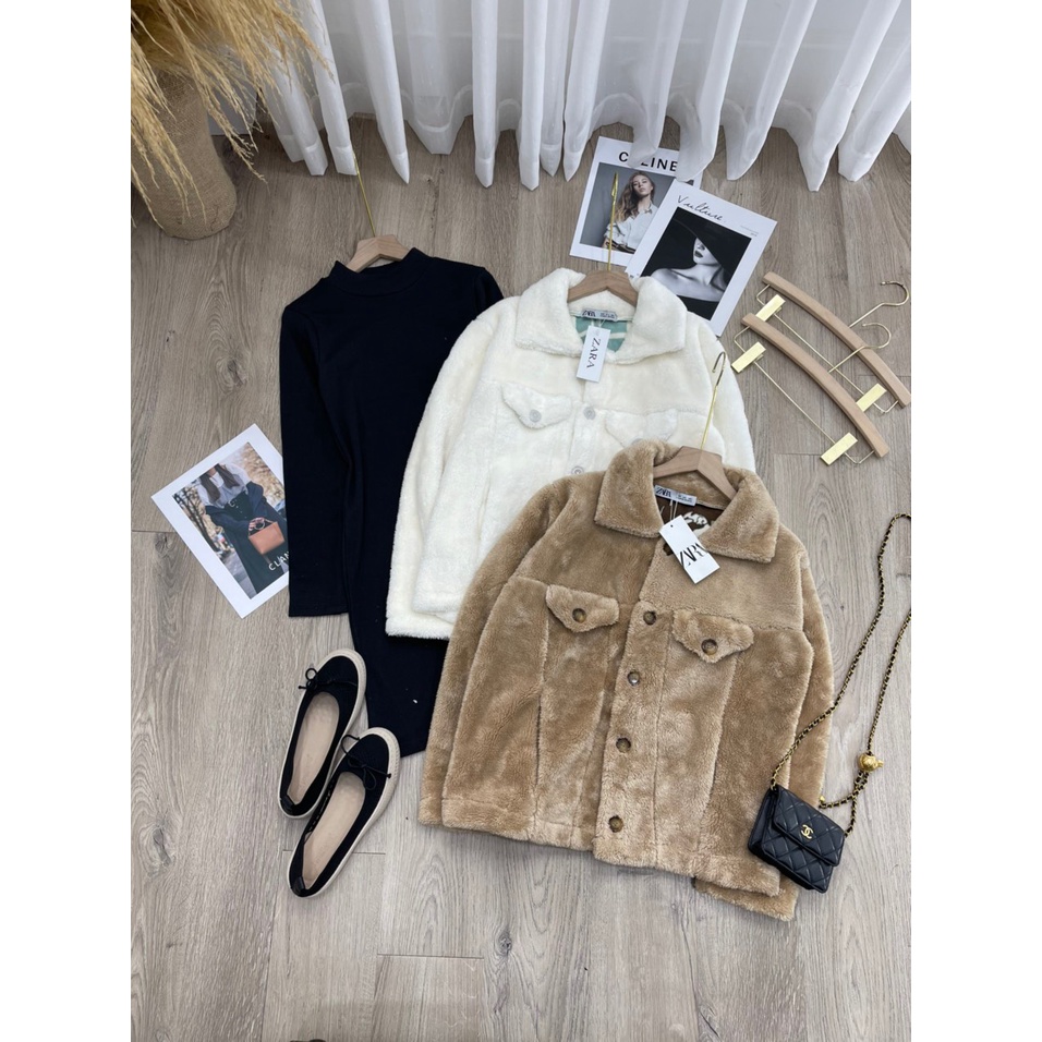 Set khoác lông mix váy cổ lọ 2 màu xuất dư