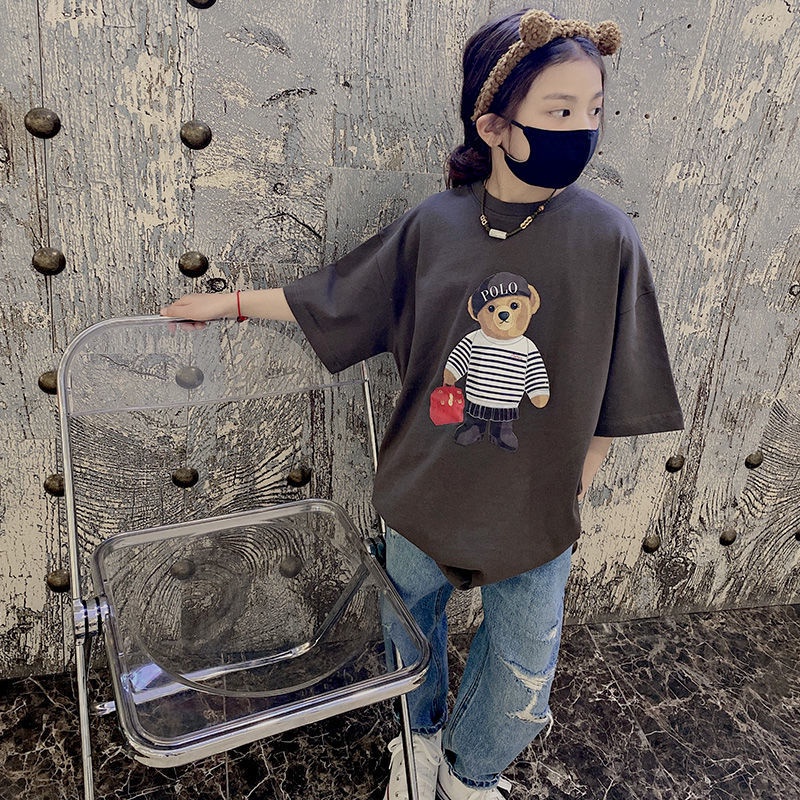Áo Thun Dáng Rộng Tay Ngắn In Họa Tiết Gấu Hoạt Hình Phong Cách Hàn Quốc Thời Trang Xuân Hè Hàng Mới Dành Cho Trẻ Em 2022