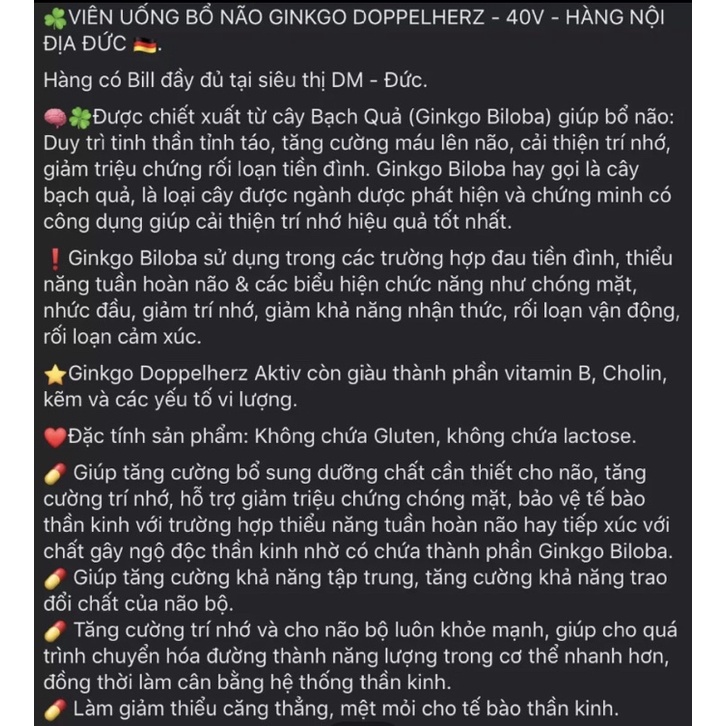 Bổ não Ginkgo Đức Doppelherz aktiv - Viên uống bổ não , cải thiện trí nhớ , lưu thông tuần hoàn máu não - Hộp 40 Viên