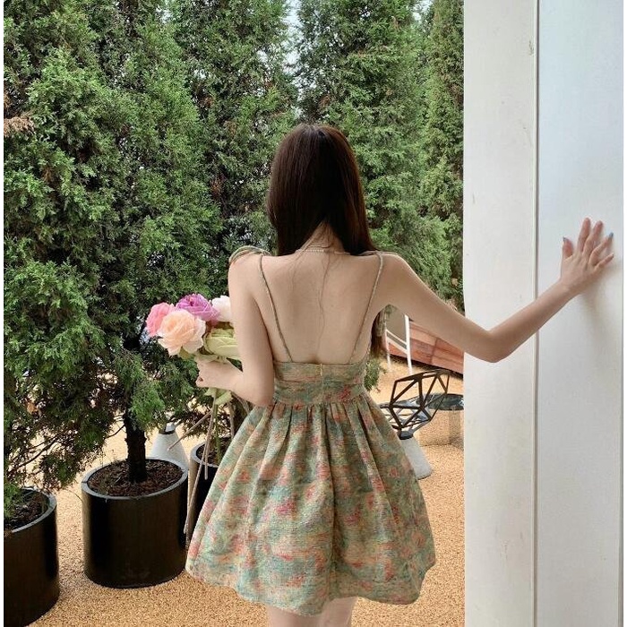 Váy Đầm 2 dây kiểu Hàn Quốc đi biển xếp ly dự tiệc, váy dáng ngắn xòe hở lưng thiết kế sang chảnh 535 DK1T307