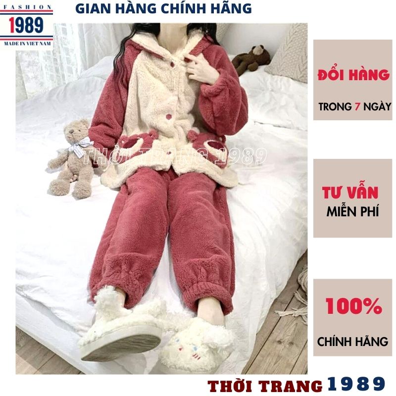 Bộ ngủ lông gấu phối đỏ mận siêu kute dễ thương ulzzang ,bộ đồ mặc nhà xinh sắn ấm áp mùa đông -PHƯƠNG 1989