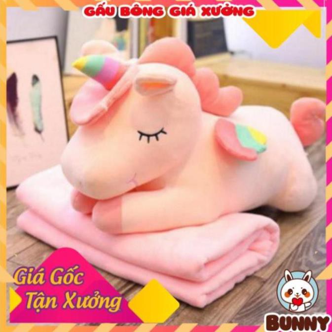 Gối Gấu bông ngựa Pony một sừng có kèm chăn 2in1 chất vải miniso siêu mềm mịn và bông PP an toàn -  𝐁𝐔𝐍𝐍𝐘