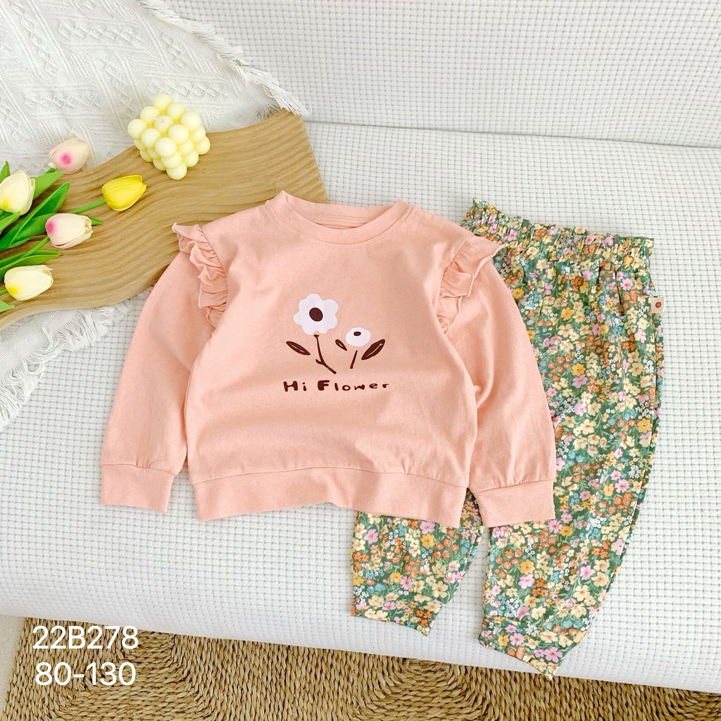 Bộ bé gái dài tay quần hoa xinh xắn, bộ thun tay dài cho bé Bernie