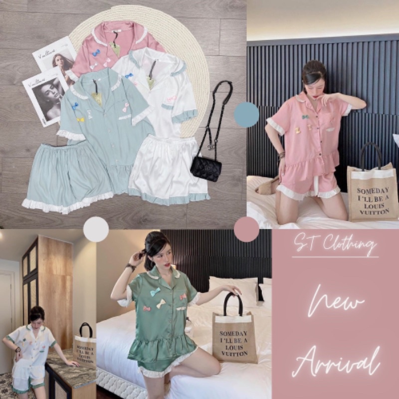 Đồ ngủ nữ lụa satin bộ đồ set mặc nhà pijama quần đùi áo cộc siêu dễ thương