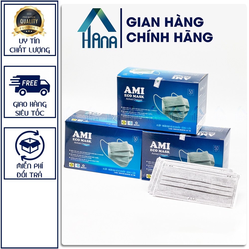 Khẩu trang y tế, Khẩu trang  Ami 4 lớp màu Xám, hàng chính hãng - Hộp 50 cái