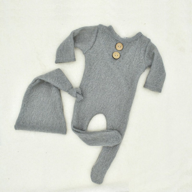 Set romper + mũ chóp dài bằng len dệt kim đạo cụ chụp ảnh cho bé sơ sinh