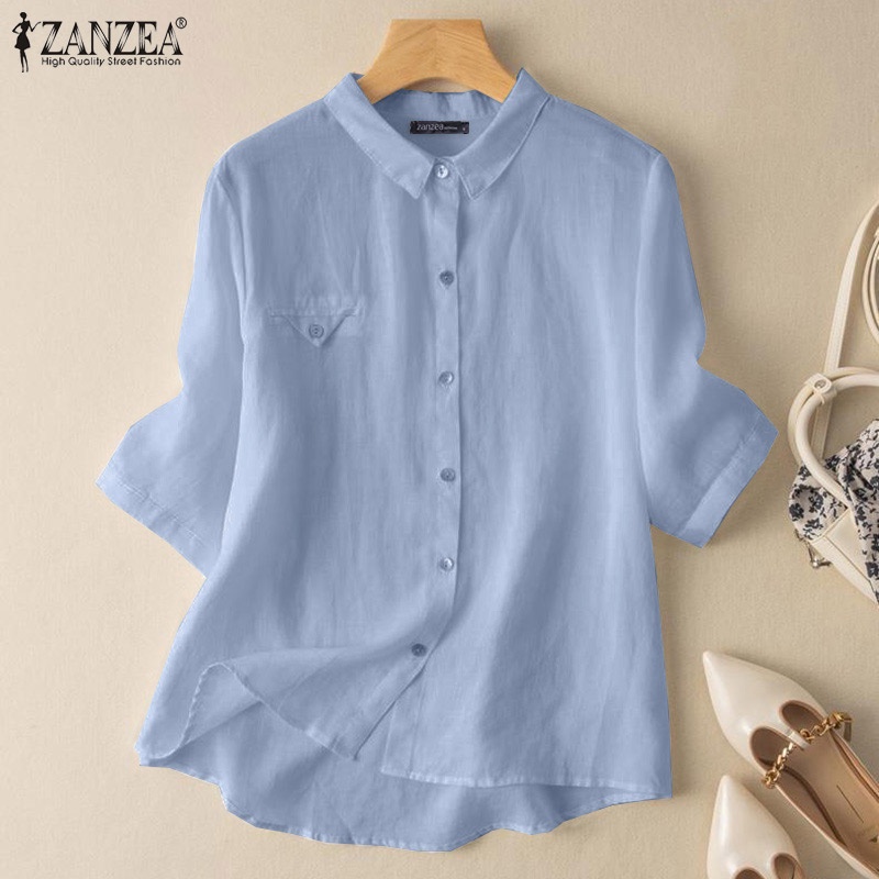 Áo sơ mi Zanzea cổ bẻ tay 3/4 cài nút màu trơn thời trang cho nữ