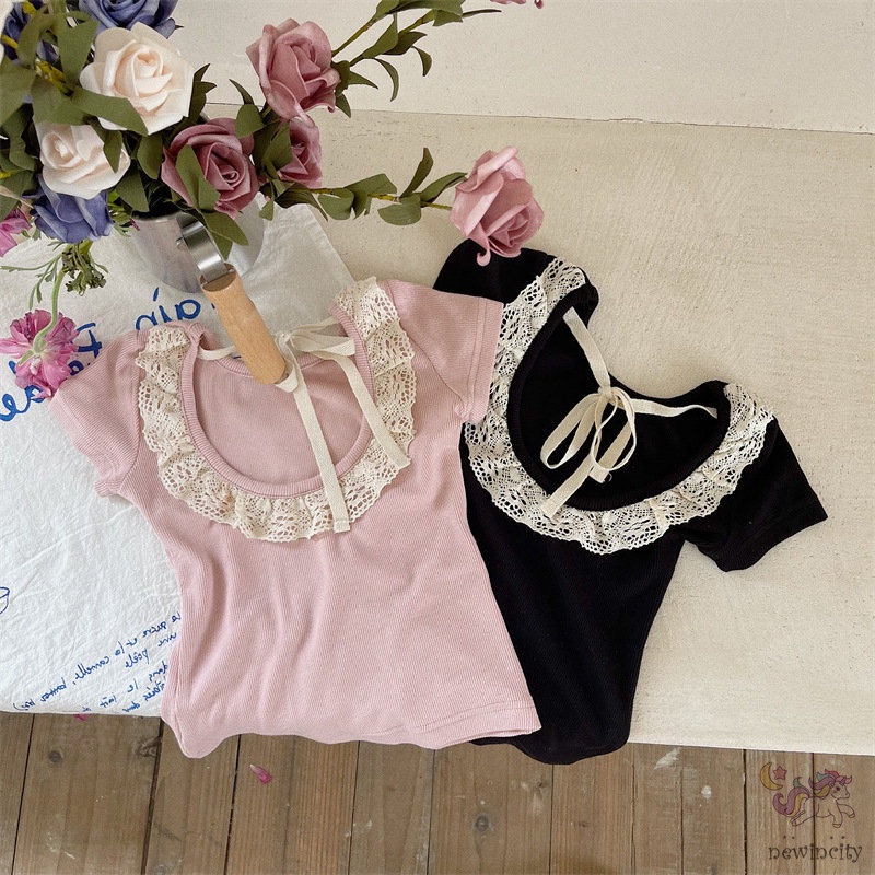 Áo Thun Tay Ngắn Phối Ren Và Nơ Dễ Thương Phong Cách Hàn Quốc Cho Bé Gái