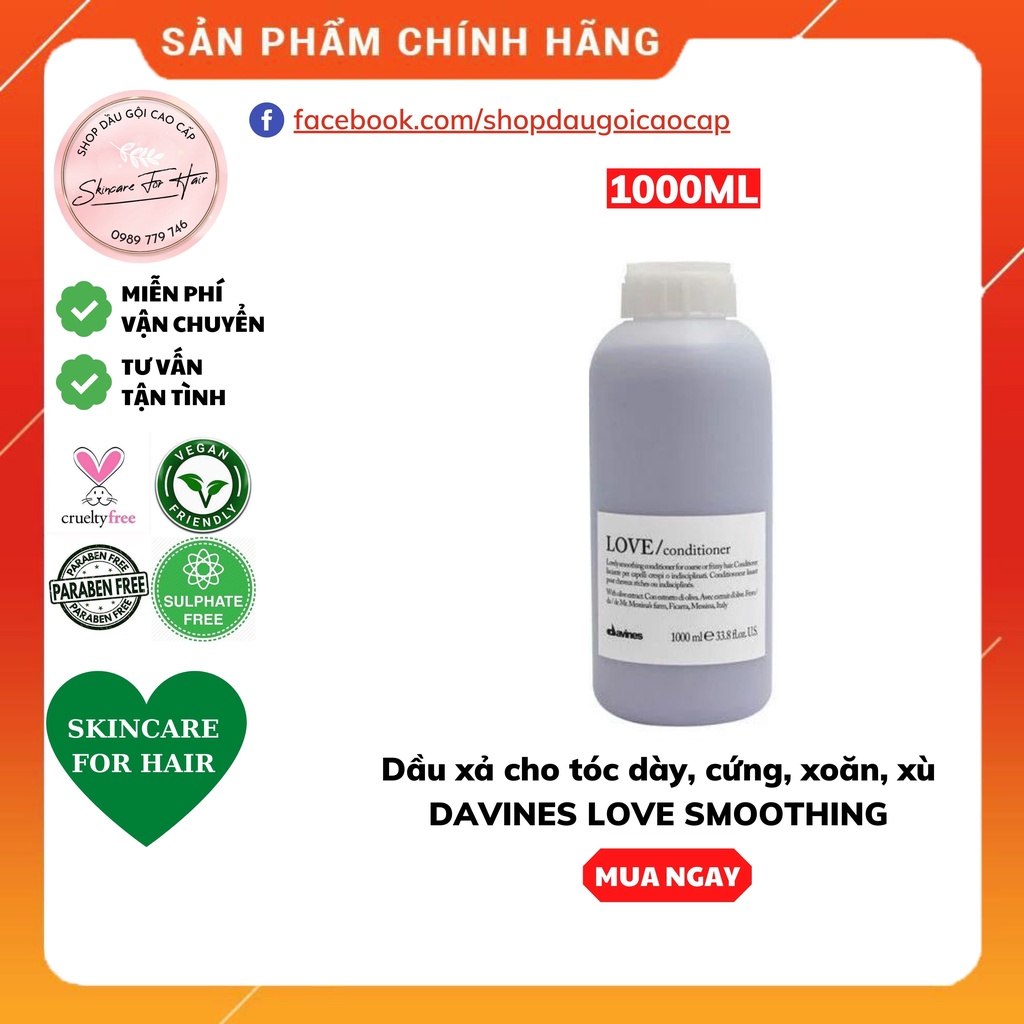 Dầu gội xả Davines Love Smoothing dung tích 1000ml dành cho tóc dày, rối xù, xoăn
