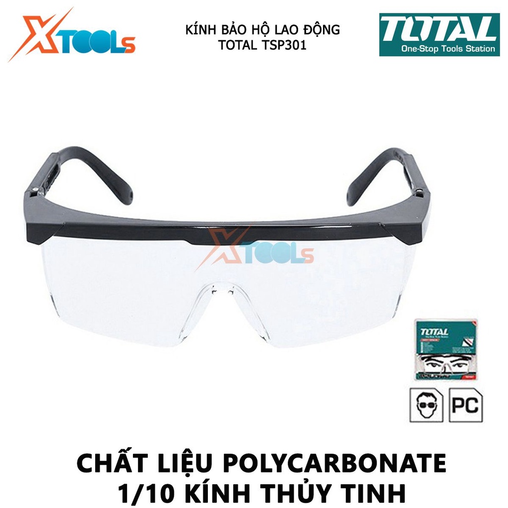 Kính bảo hộ lao động TOTAL TSP301 kính chống giọt bắn Chất liệu Polycarbonate, Hấp thụ 99.9% tia cực tím độc hại