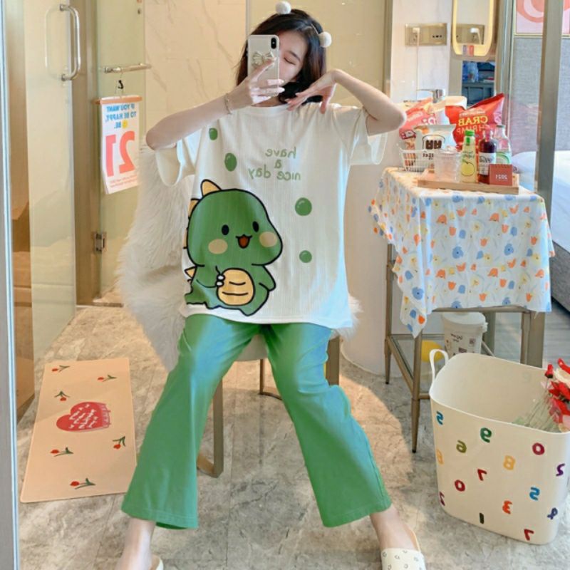 [ SẴN]Đồ bộ thun quần dài, đồ mặc ở nhà Quảng Châu, họa tiết hoạt hình chú ếch xinh xắn