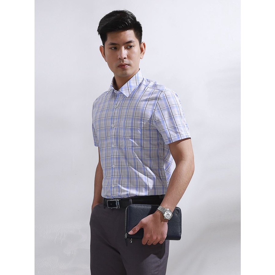 Áo sơ mi nam ngắn tay ASS052S8 chất modal sợi sồi, dáng reguler fit - suông vừa, tà bằng, kẻ caro to