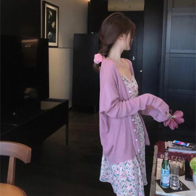 Đầm hoa Set Đầm Hoa 2 Dây + Áo Khoác Cardigan Dài Tay Thời Trang Cho Nữ