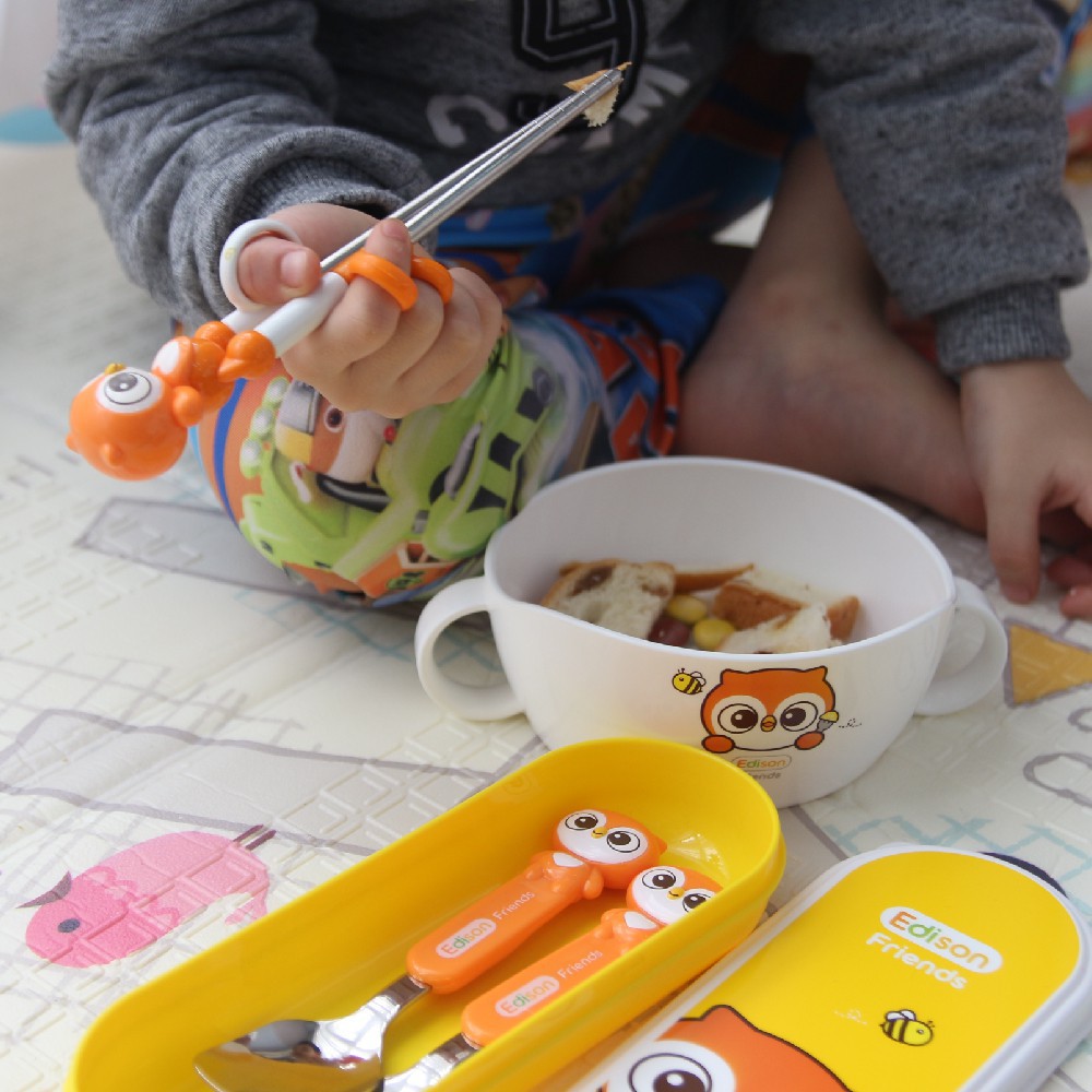 Đồ dùng ăn dặm hoàn thiện kỹ năng cho bé set tập ăn 3 món: Thìa-Dĩa- Đũa xỏ ngón tập gắp - Edison - hình cú mèo 6971