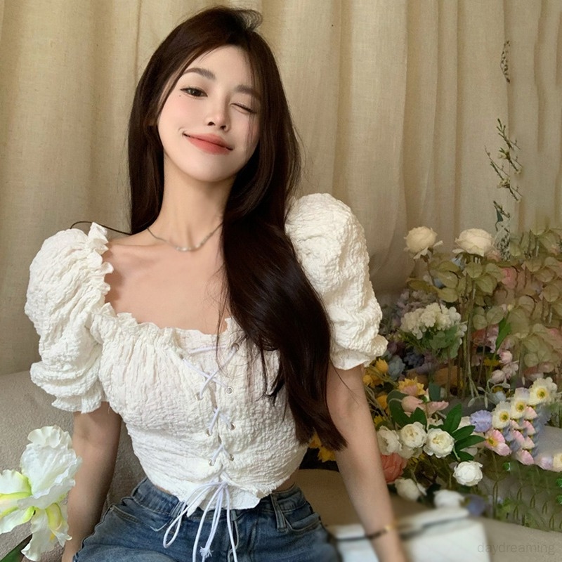 Áo Croptop Áo Kiểu Trễ Vai Màu Sắc Ngọt Ngào Thiết Kế Mỏng Xinh Xắn Thời Trang Dành Cho Nữ