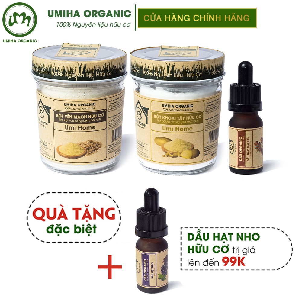 Combo 3 sản phẩm UMIHA gồm Dầu Hắc Mai Biển (10ml), Bột Khoai Tây (125g) & Bột Yến Mạch (125g) hữu cơ -Tặng Dầu Nho 10ml