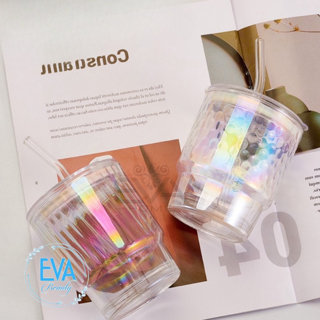Ly Thuỷ Tinh Hot Trend Màu Cầu Vòng Óng Ánh 400ML Có Nắp Đậy Và Ống Hút Sang Trọng Phong Cách Hàn Quốc M650