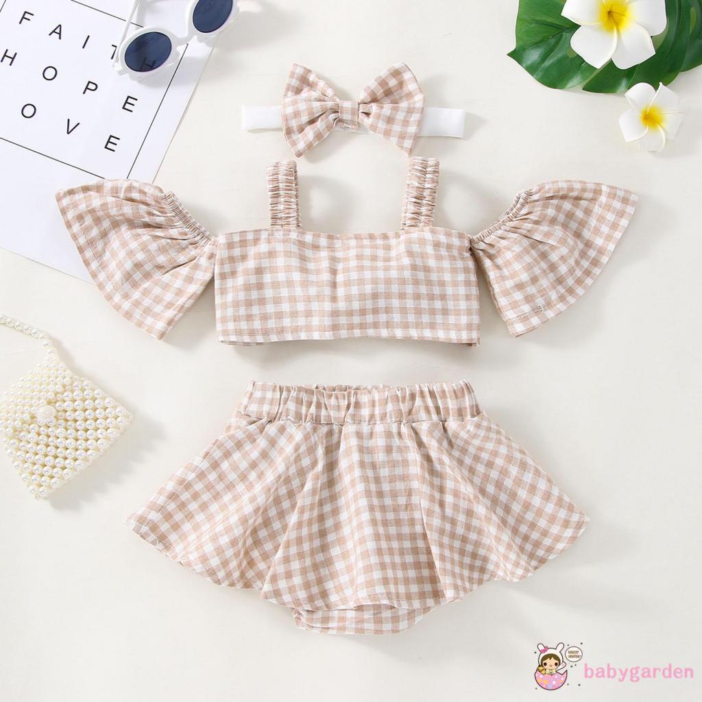 Set Áo Trễ Vai Tay Ngắn Kẻ Sọc Ca Rô + Chân Váy Thời Trang Hè Xinh Xắn Cho Bé Gái 0-3 Tuổi