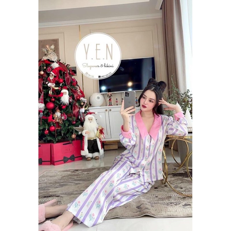 pijama tay phồng hồng lụa satin cao cấp quảng châu