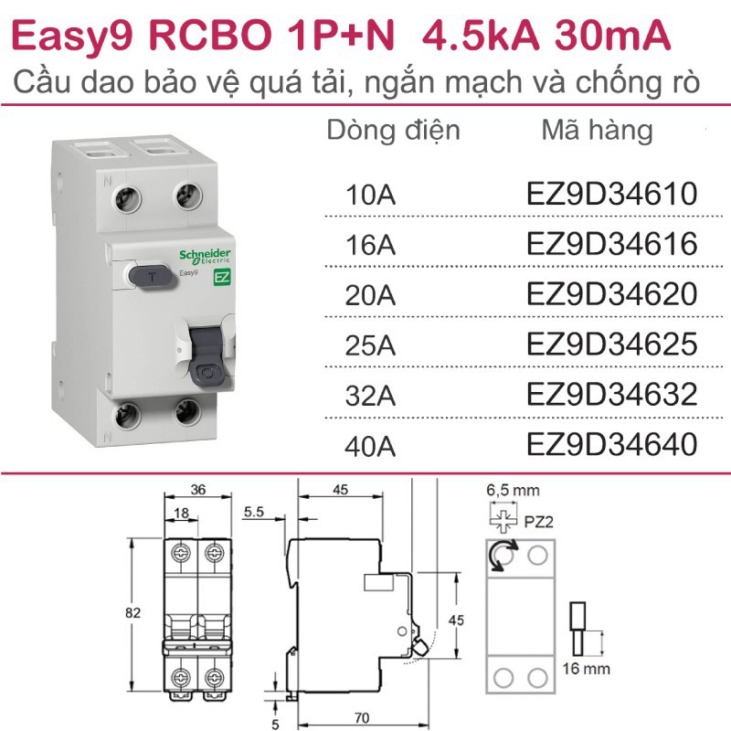 Aptomat chống giật  RCBO 1P+N Schneider 4.5kA 30mA
