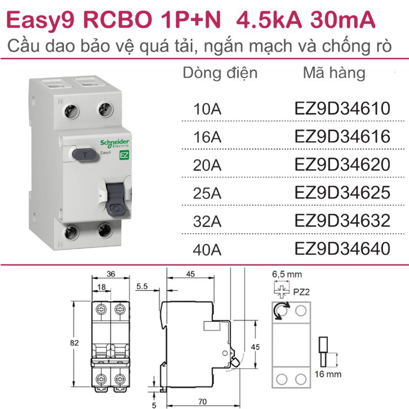 Aptomat chống giật (bảo vệ quá tải, ngắn mạch & chống dò điện) RCBO 1P