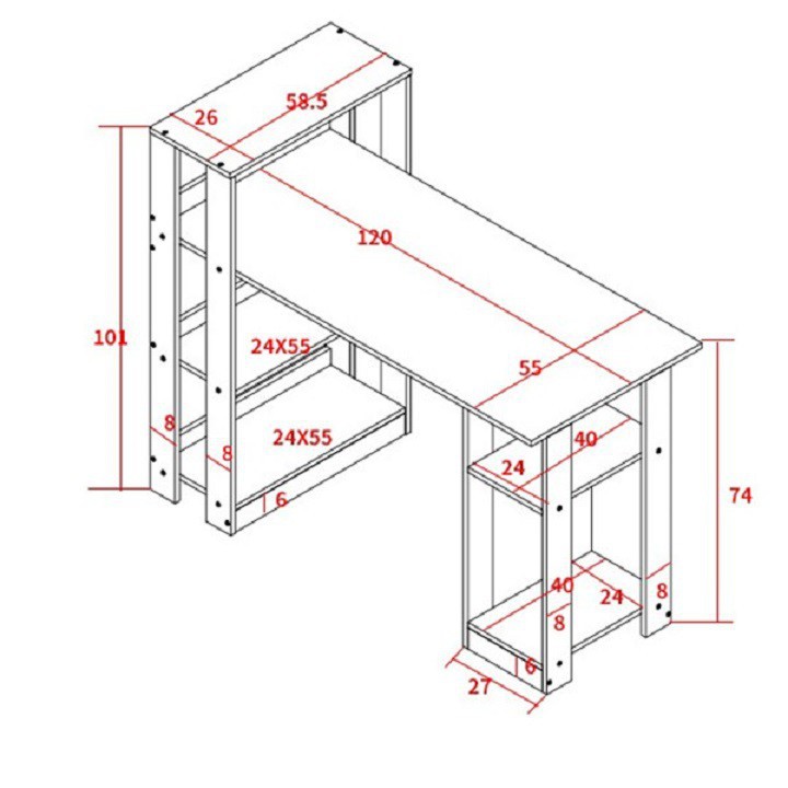 Bàn học sinh trẻ em, bàn làm việc văn phòng kèm kệ giá sách thông minh, giá rẻ, hàng lắp ráp, gỗ MDF