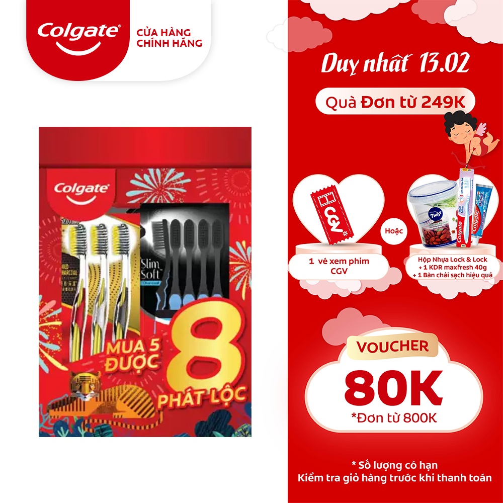 [Combo tết ] Bộ 5 Bàn chải đánh răng Colgate than hoạt tính kháng khuẩn SlimSoft Charcoal mềm mảnh tặng kèm  3 bàn chải