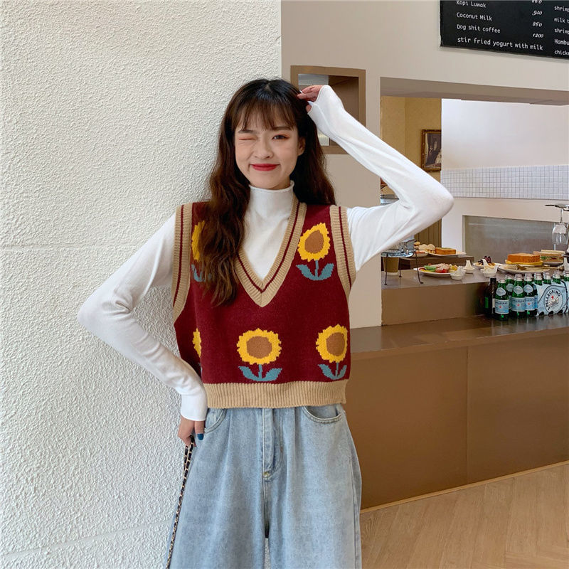 Áo gile dáng rộng họa tiết hoa hướng dương phong cách retro Hàn Quốc cho nữ