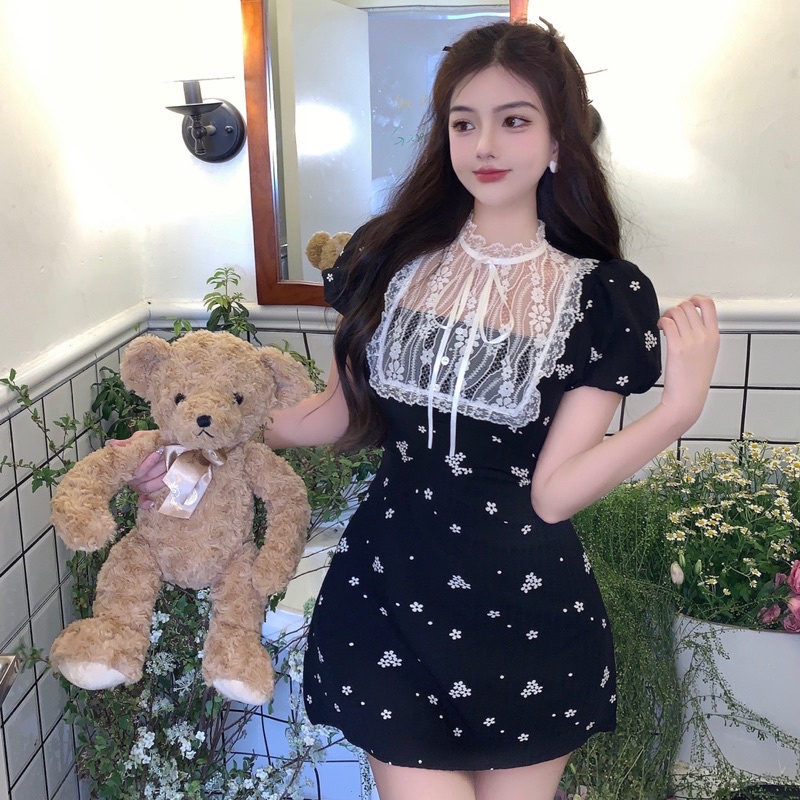 Đầm dự tiệc nữ dáng ngắn xoè chữ a phối ren kín cổ tiểu thư hoa nhí tay phồng bồng