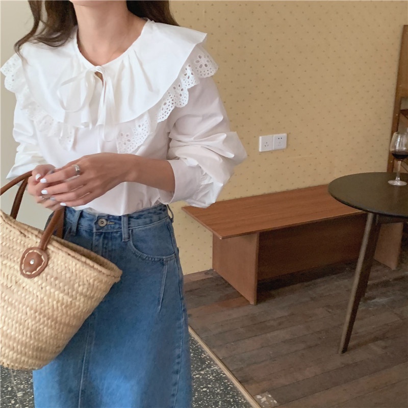 Áo Kiểu Tay Dài Phối Ren Cổ Bẻ 45786