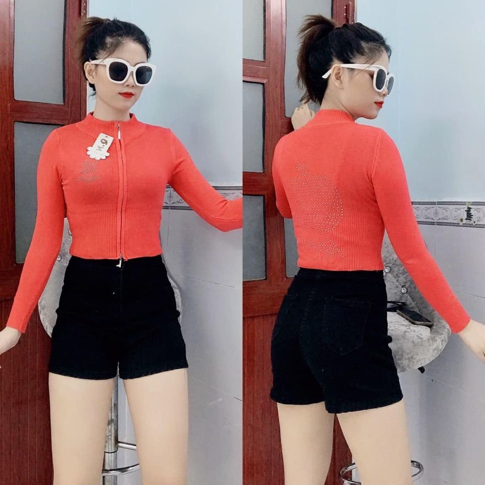 Áo Khoác Len Nữ Form Lửng Dây Kéo Đôi Đính Hạt Sau Lưng