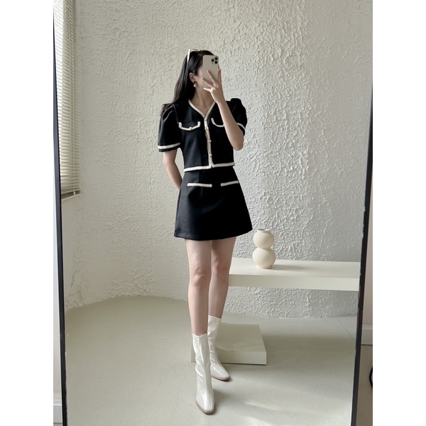 SET  ÁO ĐEN VIỀN TRẮNG + CHÂN VÁY H21 phù hợp Đi du lịch, dạo phố, Đà Lạt 🖤