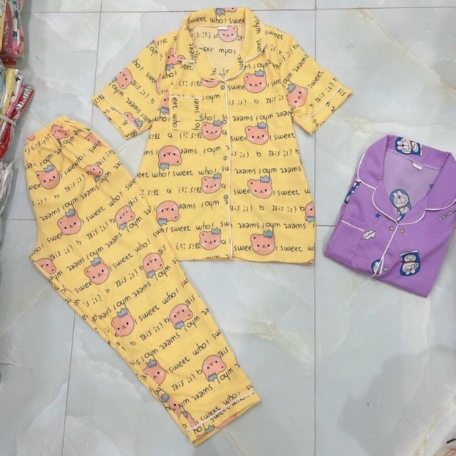 (PJ03) Bộ lụa mặc nhà nữ bigsize đồ bộ pijama lụa áo cộc quần dài chất mịn mát - sanado