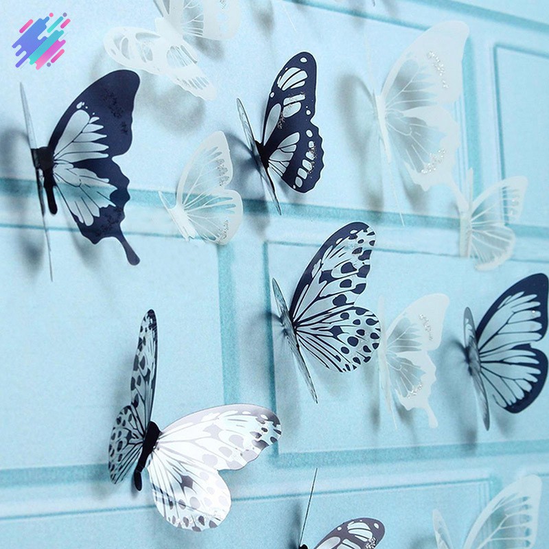 Bộ 18 miếng decal dán tường trang trí hình bướm trắng đen 3D