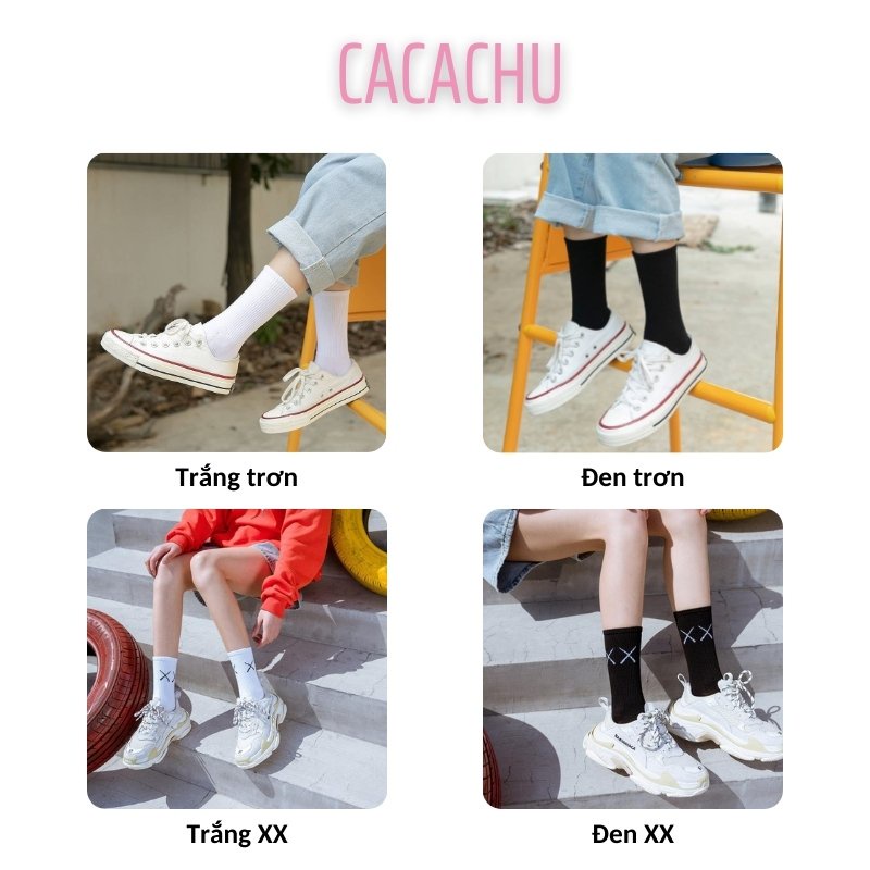 Tất cao cổ nam nữ màu đen trắng trơn hàn quốc vintage CACACHU L04, Vớ cao cấp 1 màu dễ thương thời trang giá rẻ unisex