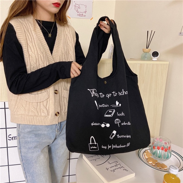 VIDEO + ẢNH THẬT Túi vải túi tote canvas quai liền Things to school ảnh thật