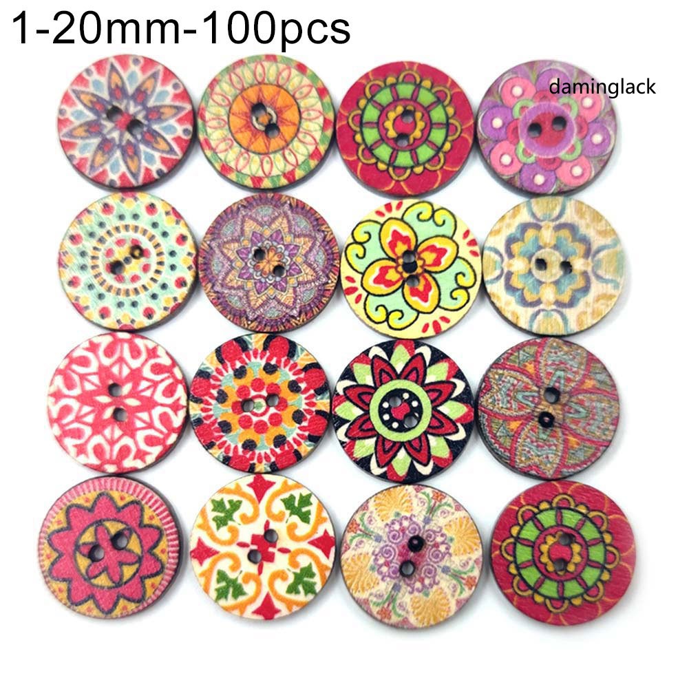 DAMH_100Pcs Bohemian Style Retro Pattern Round Shape Wooden Buttons Clothing Decor