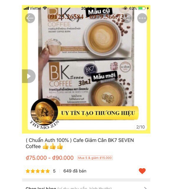 cafe giảm cân,bk,bk seven coffee - thái lan -hộp 10 gói x 15gr