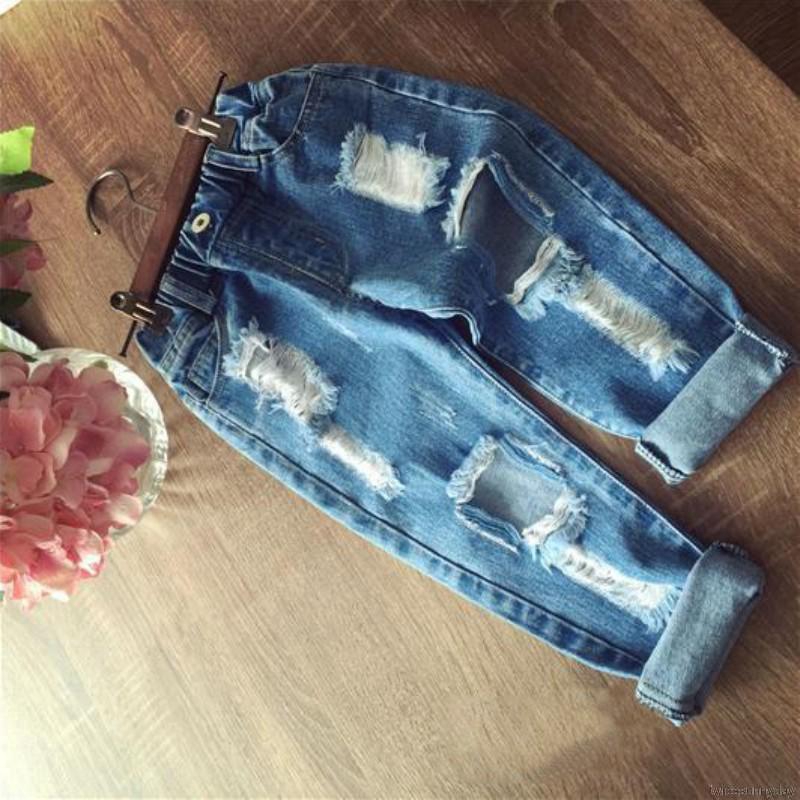 Quần denim dài thiết kế rách gối cá tính thời trang dành cho bé gái
