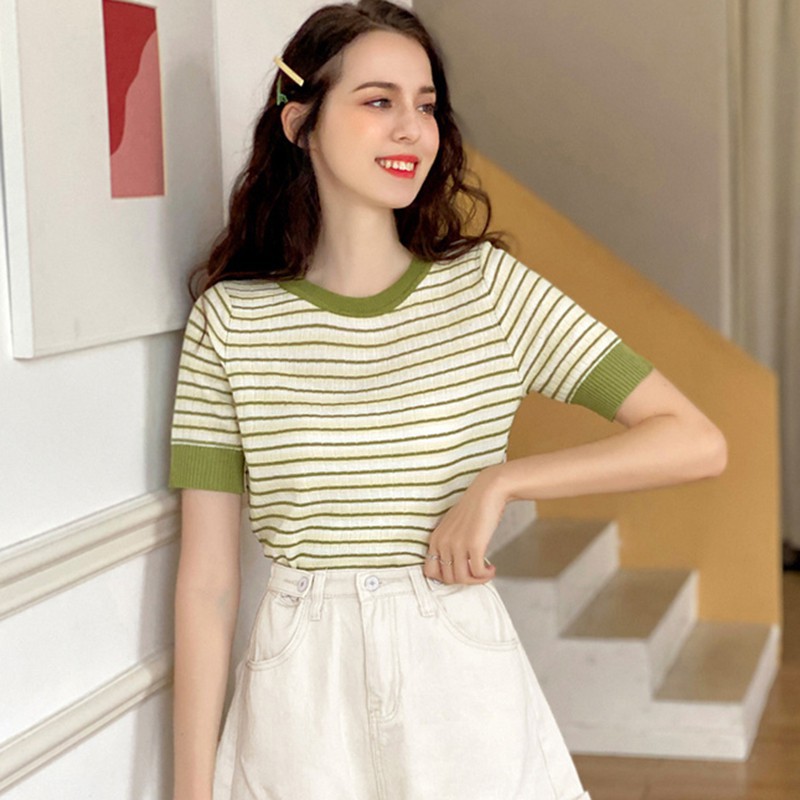 Áo thun dệt kim cổ tròn đơn giản họa tiết sọc thời trang hè cho nữ | BigBuy360 - bigbuy360.vn