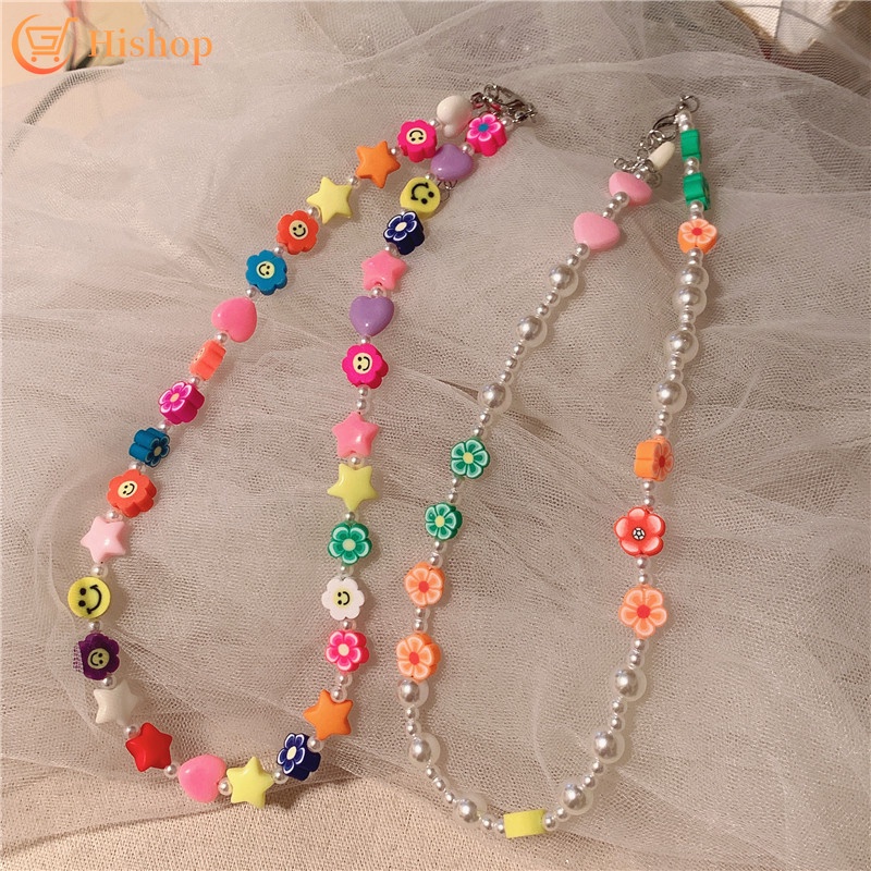 Vòng cổ choker Hishop đính hạt ngọc trai mặt cười ngôi sao dễ thương phong cách Hàn Quốc cho nữ